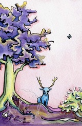 Forest Fantasy, an original watercolor painting by Leslie Allyn of a fantastical woodsie scene with a blue deer a purple tree and a tiny rabbit on a pink sky