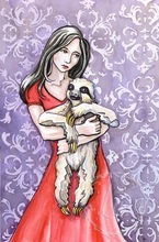 Original watercolor by Leslie Allyn of a girl in a red dress hugging a sloth animal in front of purple victorian wallpaper
