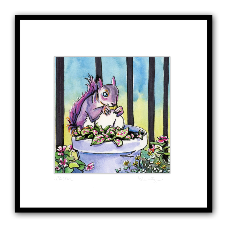 Squirrel in a flower pot watercolor by Leslie Allyn