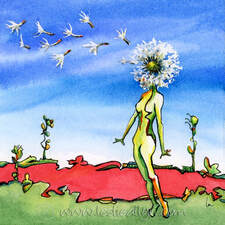 Dandelion Seed Head in the Wind watercolor by Leslie Allyn