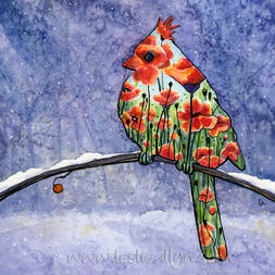 Cardinal bird in snow watercolor painting by Leslie Allyn