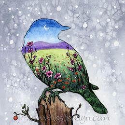 Snowy Bluebird with Spring inside watercolor painting by Leslie Allyn