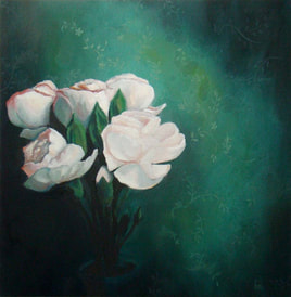 flowers at night green pink roses carnations light oil