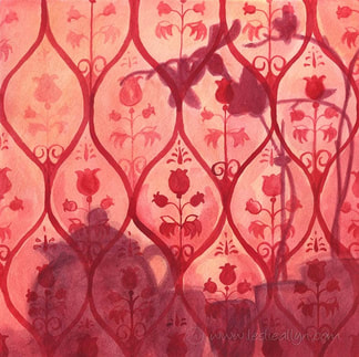 red orchid shadow and teapot on wallpaper wallflower