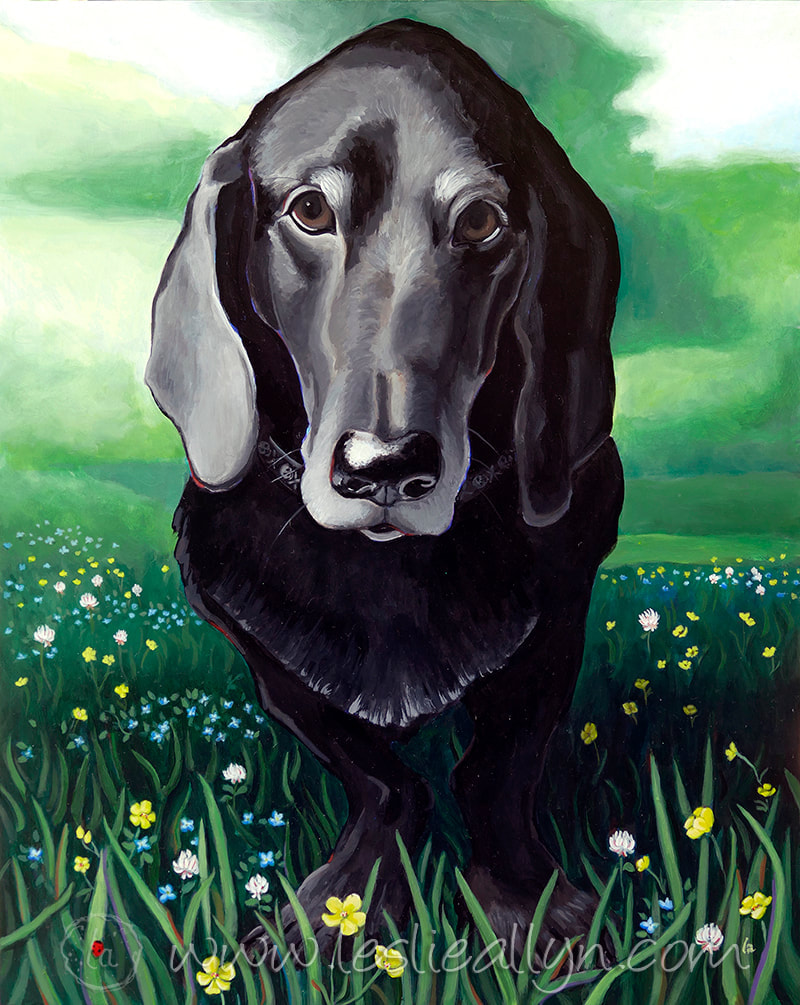 Black dog acrylic portrait by Leslie Allyn