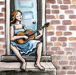 Wistful girl by leslie allyn, playing guitar in a brick blue doorway