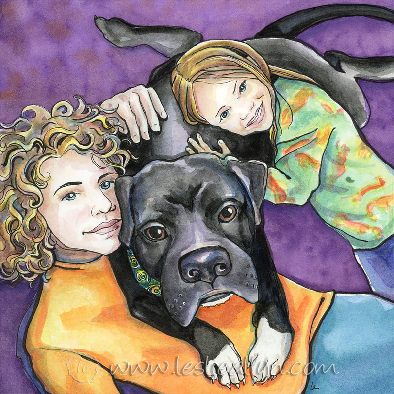 Buster black dog and children portrait