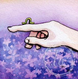 Original Watercolor by Leslie Allyn of an inchworm crawling on a person's hand over a field of purple flowers