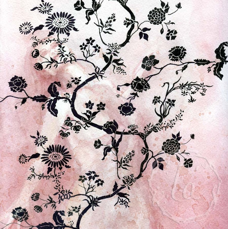 wallflower in rose by Leslie Allyn, a woman dances hidden among the pattern in pink and black wallpaper