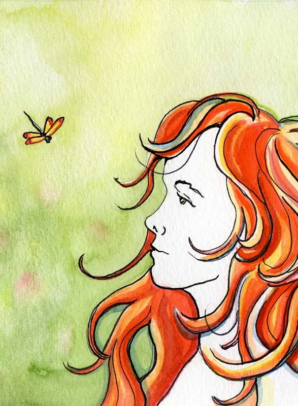 Fire Dragonfly original watercolor, a dance before the woman with the firey red and orange hair