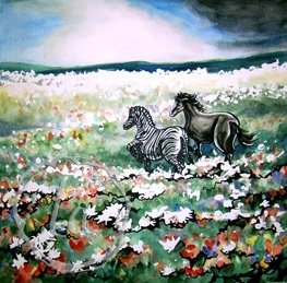 A zebra and a horse frolic through a meadow of flowers