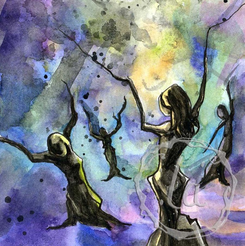Celebration, a watercolor of people trees dancing in joy
