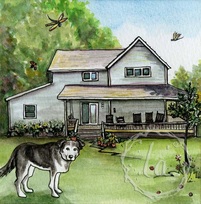 House and dog portrait in watercolor