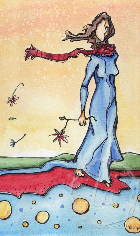 bouquet du vent windy blue dress red scarf woman