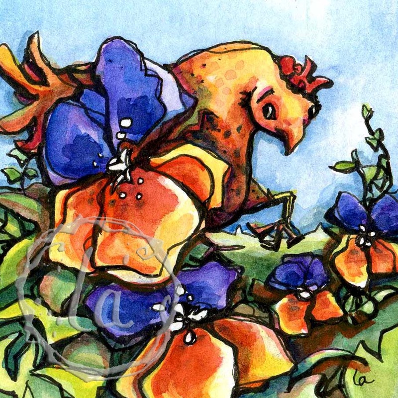 Spring Chicken, a chicken among the pansies, watercolor in orange and purple