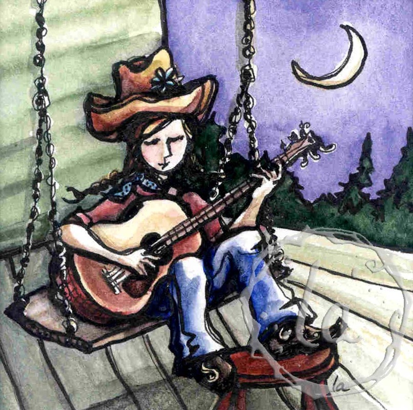 Porch swing girl playing guitar under the moon
