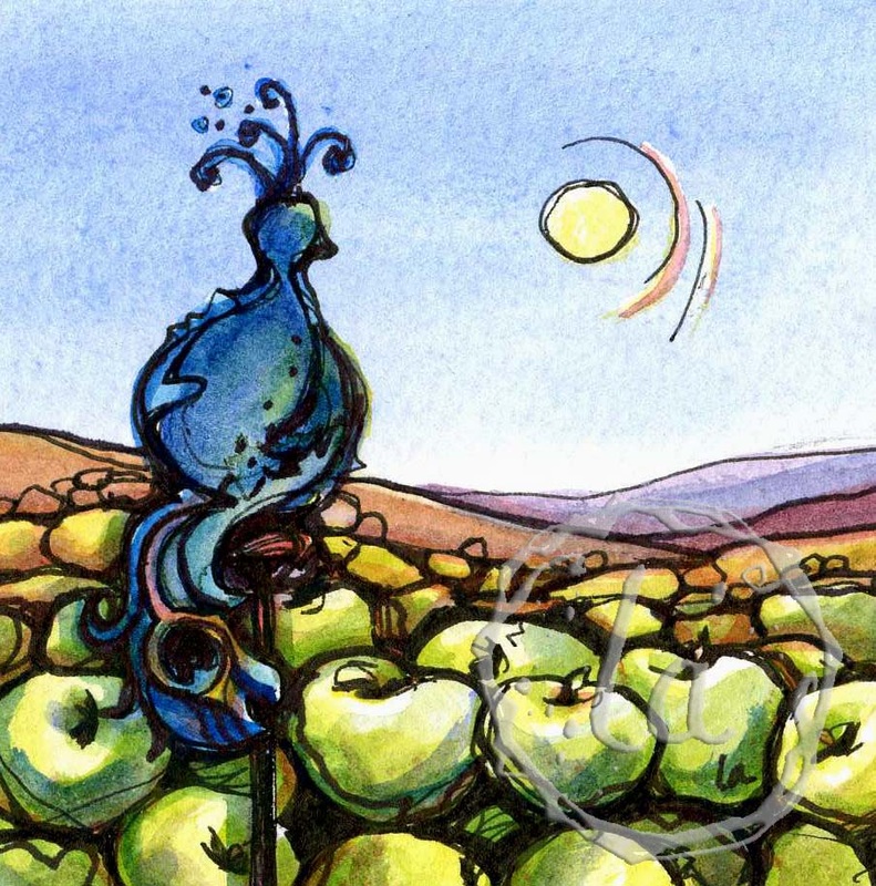 Peacock perched with apples