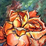 Petal Luna by Leslie Allyn, a watercolor yellow, orange, and red rose sits on a green background, its petals taking the shape of a moon, in california