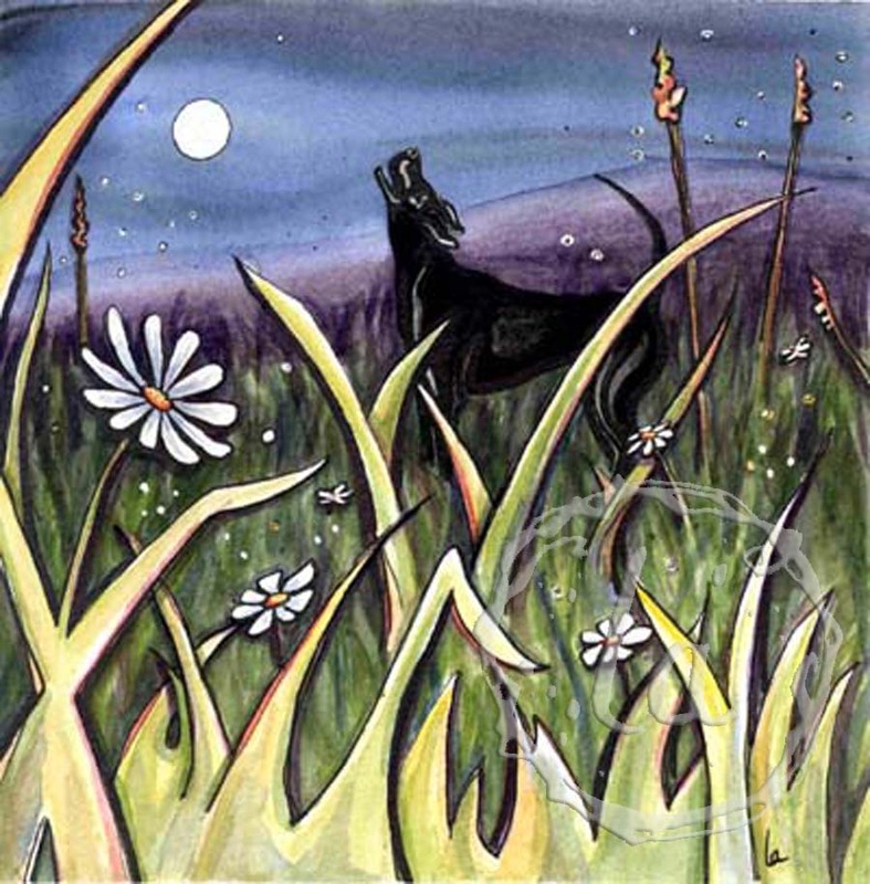 howl black dog at night with moon