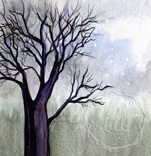 Early Spring, an original bare tree, grey skies, snow