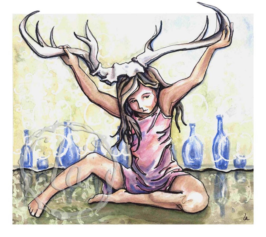 girl plays with antlers