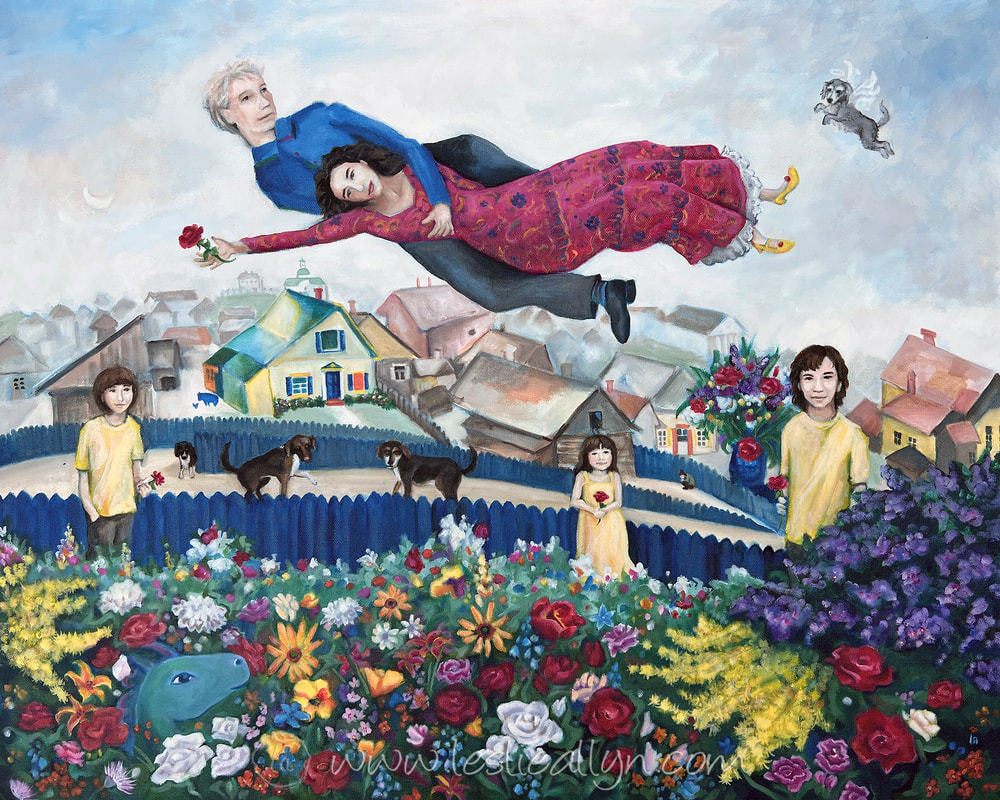 Over the Town 25th anniversary family portrait inspired by Marc Chagall by Leslie Allyn