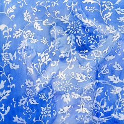 wallflower in blue by Leslie Allyn, a woman dances hidden among the flower pattern of the blue wallpaper