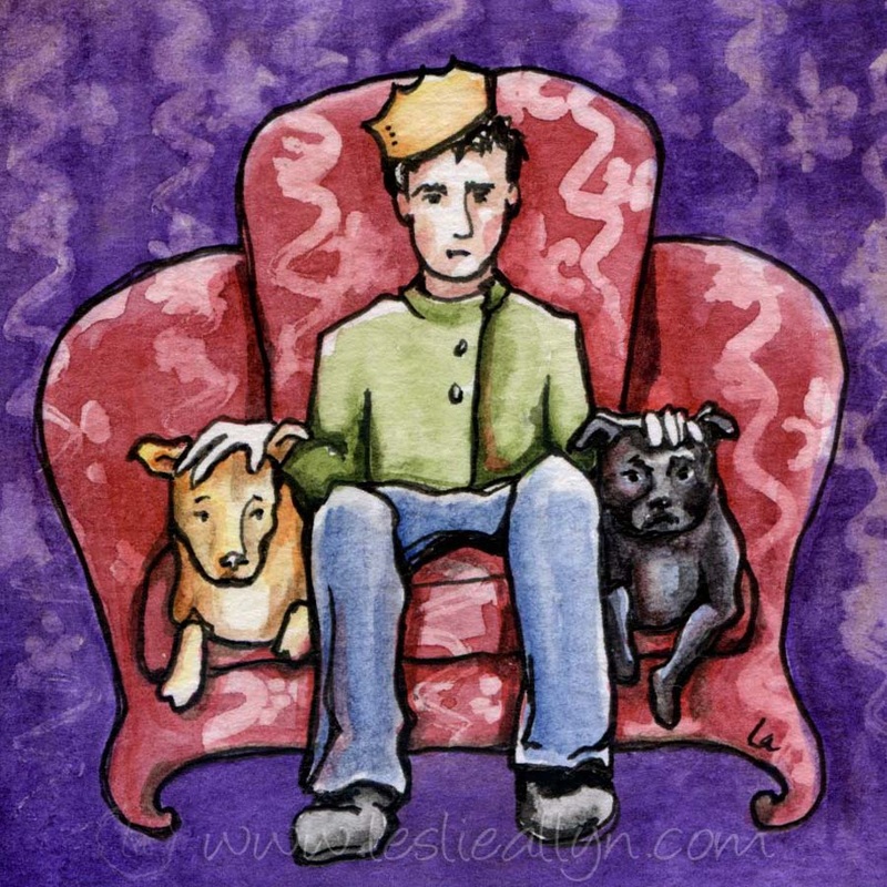 man on thrown with dogs in red and purple