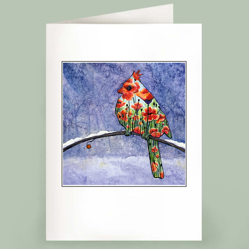 Cardinal in the snow with poppies watercolor note card