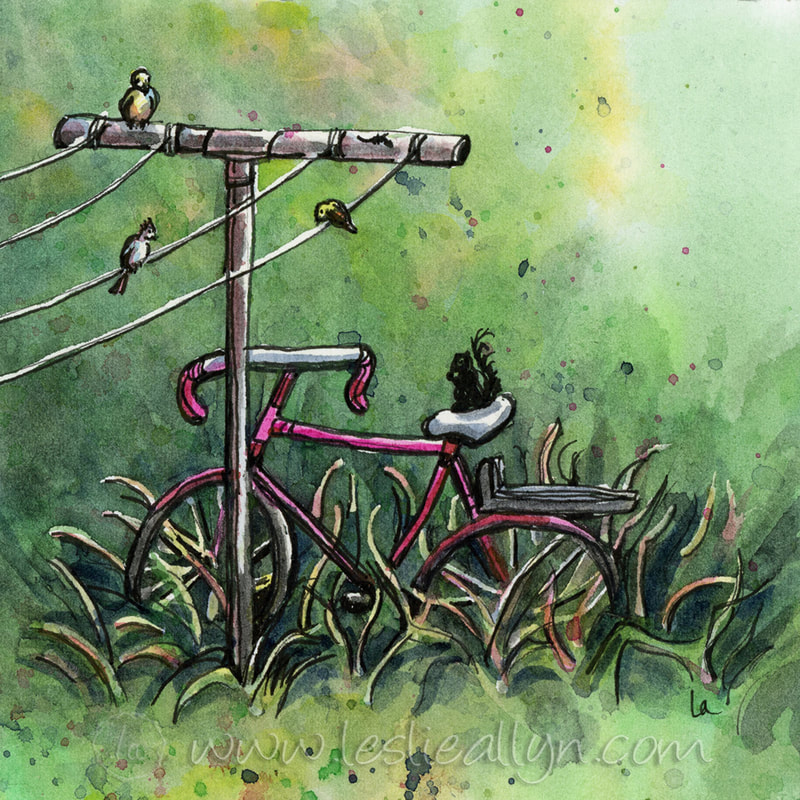 Bicycle being taken over by nature painting by Leslie Allyn