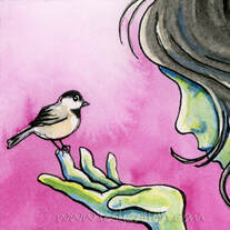 Alighting Chickadee original watercolor by Leslie Allyn
