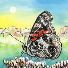 American Lady butterfly and city scape painting by Leslie Allyn