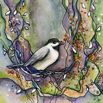 Bittersweet berries and a Carolina Chickadee watercolor and ink painting