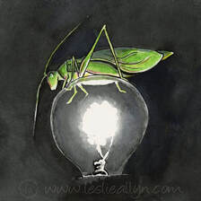 Oh Yes She Did Katydid on a light bulb watercolor by Leslie Allyn