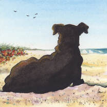 Lady in Waiting black dog on beach - Leslie Allyn