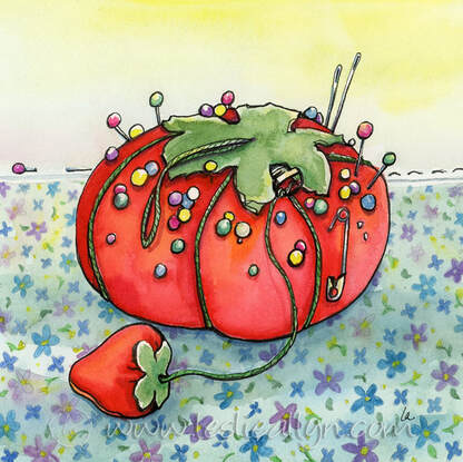 tomato pin cushion for sewing with vintage calico by Leslie Allyn