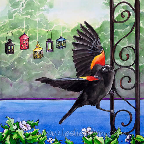 Poised red winged blackbird and lanterns watercolor by Leslie Allyn
