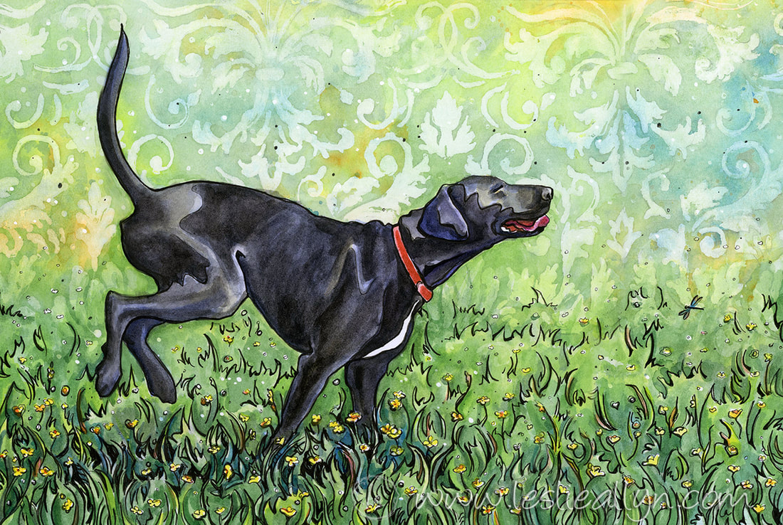 Black dog and buttercups watercolor portrait