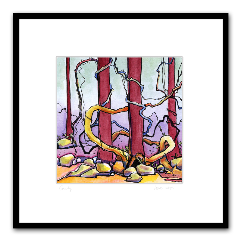 Watercolor of gnarly forest trees vines and rocks