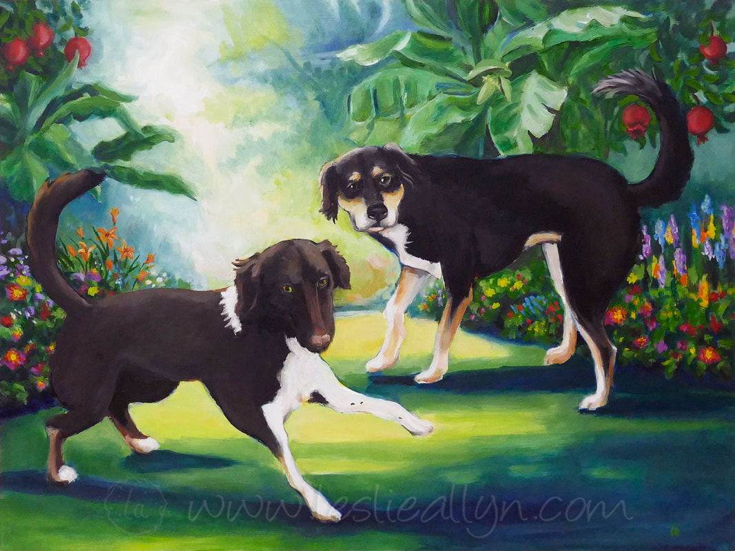 Dog portrait in backyard garden and flowers romping oil painting by Leslie Allyn