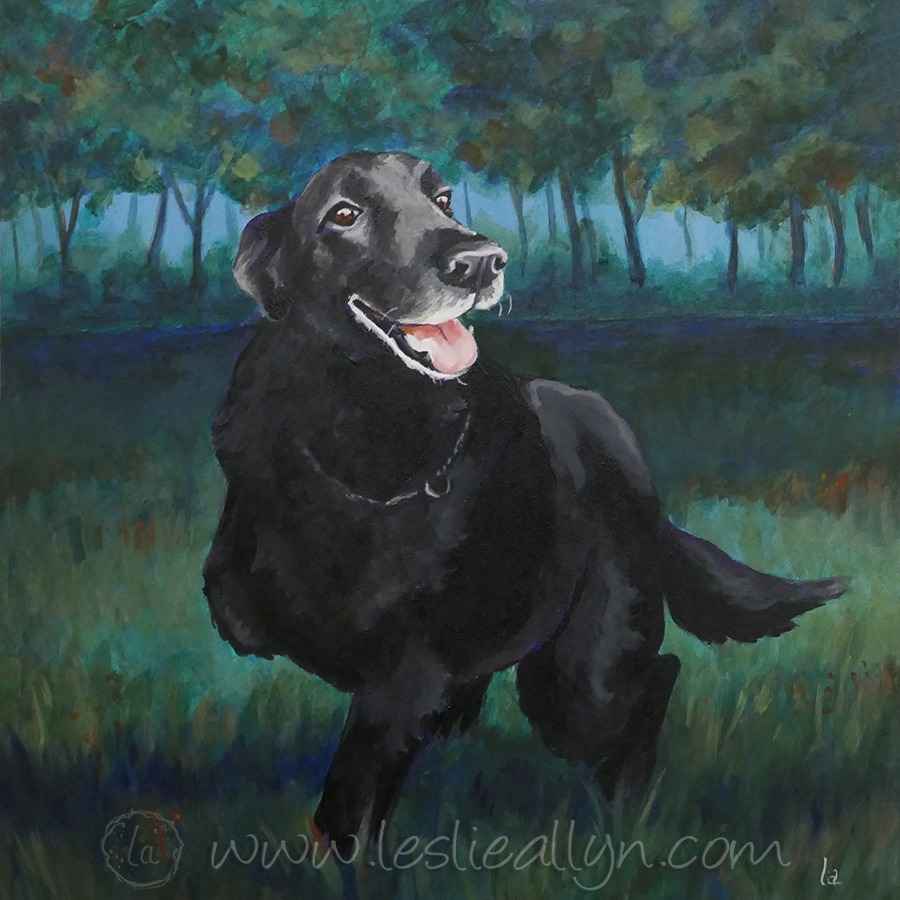 Kali-girl, tripod black dog in acrylic by Leslie Allyn