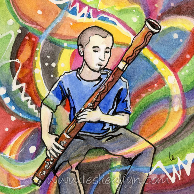 Bassoon player with music portrait by Leslie Allyn