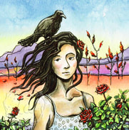Grackle and a rose bush by Leslie Allyn, a watercolor dessert with wind, a black bird, a woman, red roses, a half moon, mountains, and sky