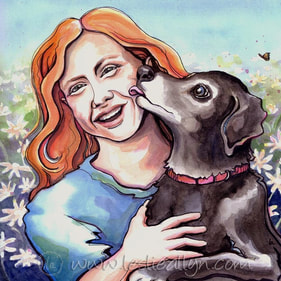 mystic and caroline red head and black dog licking face with flowers portrait