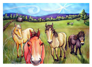 The Gang's All Here - horses in watercolor and ink