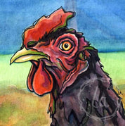 Earl by Leslie Allyn, a watercolor farm rooster chicken animal stares with big eyes in red, purple, and black