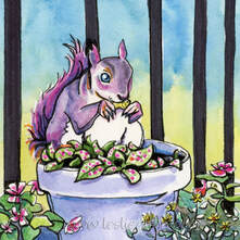 Squirrel in a flower pot watercolor by Leslie Allyn