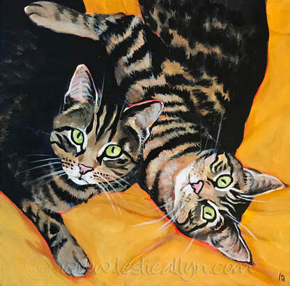 Brother and Sister cat portrait tabbies on yellow by Leslie Allyn
