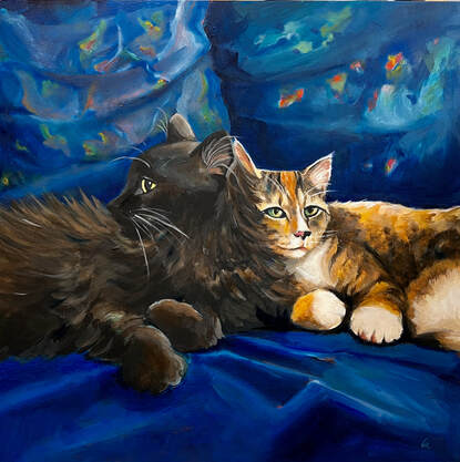 Cat oil painting portrait on blue by Leslie Allyn