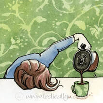 Watercolor of a woman pouring coffee in the morning